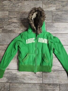 Vintage Y2K Abercrombie & Fitch Faux Fur green zip hoodie Womens Large